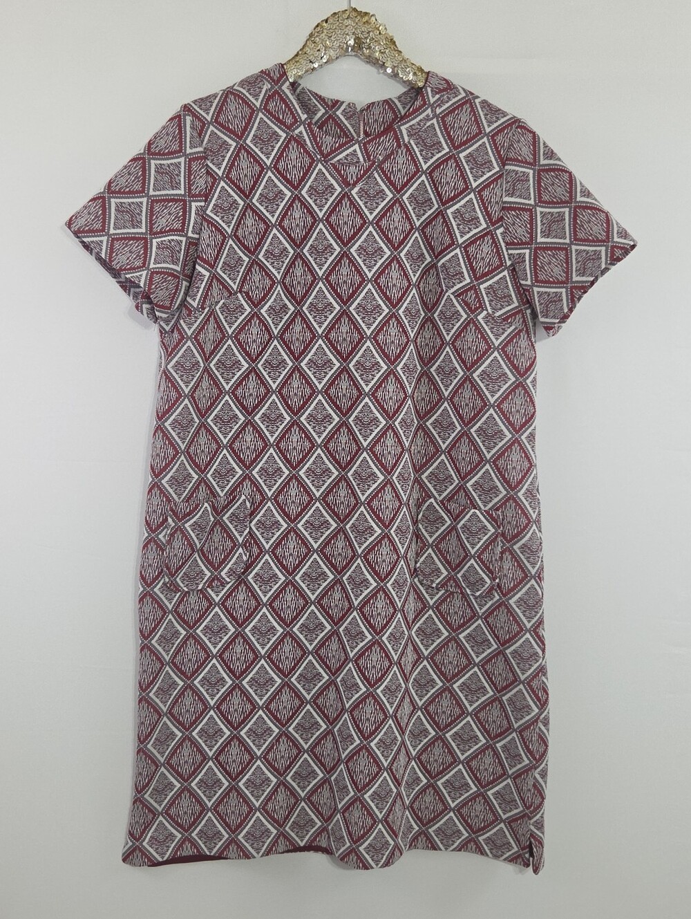 Vintage 60s 70s Homemade Plus Size Womens Mod Geometric Red White Midi Dress